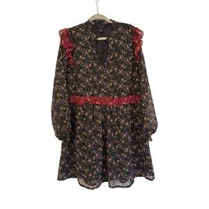 Forever 21 Tunic 0X Black Mini Floral Ditzy Print Ruffled Shoulder Boho